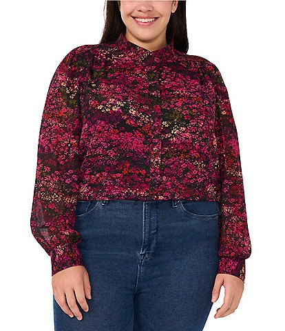 CeCe Plus Size Woven Yoryu Ditsy Floral Print Split V-Neck Collar Long Sleeve Hidden Button Front Blouse