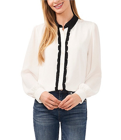 CeCe Point Collar Long Cuffed Sleeve Contrasting Ruffle Trim Button Front Blouse
