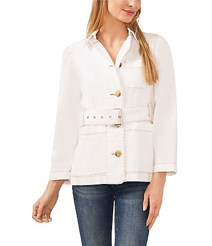 CeCe Point Collar Neck Long Sleeve Button Front Belted Denim Jacket