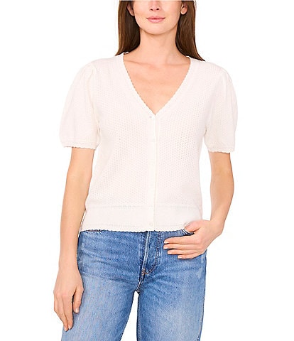 CeCe Pointelle Knit V-Neck Short Puff Sleeve Cardigan