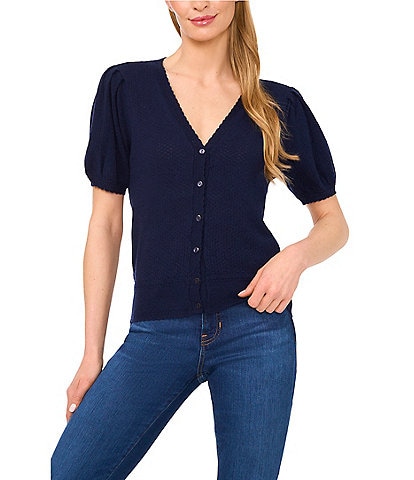 CeCe Pointelle Knit V-Neck Short Puff Sleeve Cardigan