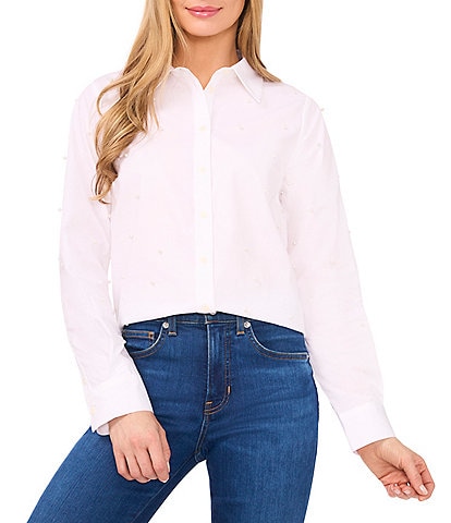 CeCe Poplin Point Collar Long Sleeve Pearl Button Down Top