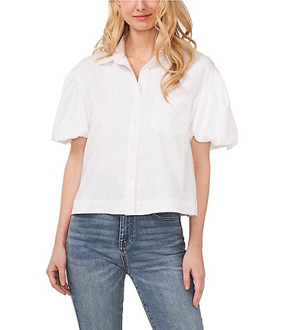 CeCe Poplin Point Collar Short Bubble Sleeve Button Front Shirt