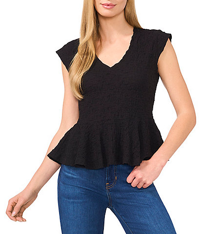 CeCe Puckered Knit V-Neck Cap Sleeve Peplum Top