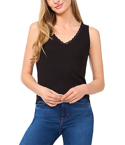 CeCe Ribbed Knit V-Neck Sleeveless Lace Trim Tank