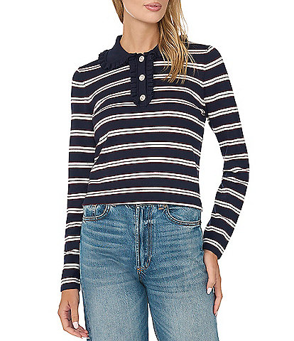 CeCe Ruffle Trim Collar Partial Button Long Sleeve Sweater