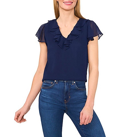 CeCe Ruffle V-Neck Short Flutter Sleeve Blouse