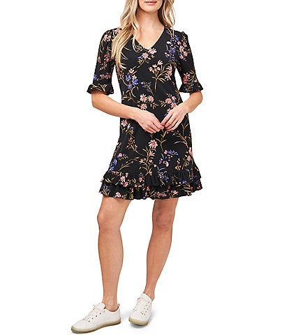 CeCe Ruffled Tiered Hem Short Sleeve V-Neck Floral Print Knit Dress