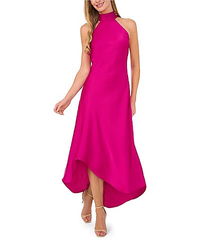 CeCe Satin Draped Halter Neck Tie Back Sleeveless Mermaid Midi Dress