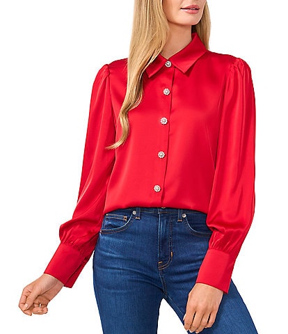 CeCe Satin Rhinestone Button Front Point Collar Long Sleeve Blouse