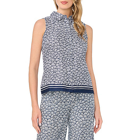 CeCe Shell Print Collar Neck Sleeveless Button Down Coordinating Top