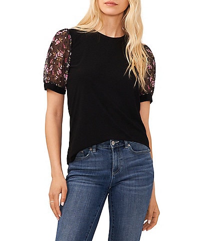 CeCe Short Puff Ditsy Floral Print Sleeve Crew Neck Shirt