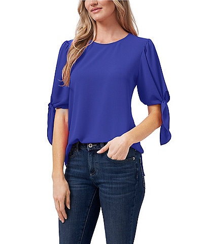 CeCe Short Puffed Tied Sleeve Crew Neck Blouse