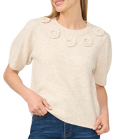 CeCe Short Sleeve Crew Neck 3D Flower Sweater