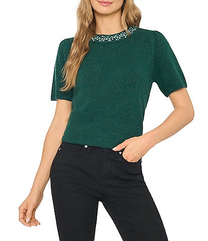 CeCe Short Sleeve Embellished Crew Neck Sweater