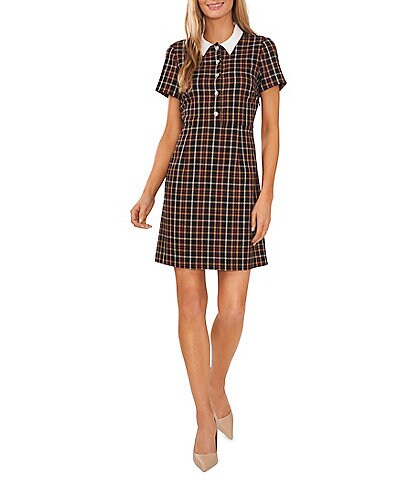 CeCe Short Sleeve Plaid Print Point Collar Short Sleeve Jeweled Faux Button Front Shift Dress