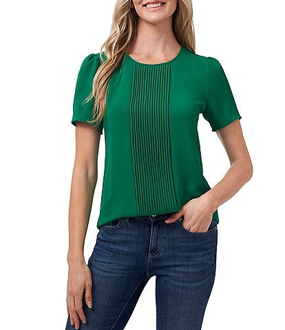 CeCe Short Sleeve Pleated Front Jewel Neck Blouse