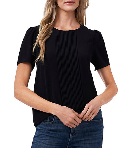 Cece Short Sleeve Pleated Front Jewel Neck Blouse