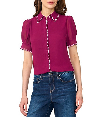 Cece Short Sleeve Scallop Trim Button Front Blouse