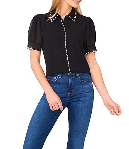 Cece Short Sleeve Scallop Trim Button Front Blouse
