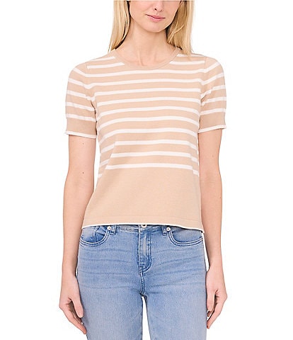 CeCe Short Sleeve Striped Crew Neck Sweater Top