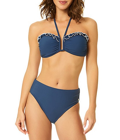 CeCe Solid Contrast Ruffle Halter Swim Top & Solid Mid Rise Hipster Swim Bottom