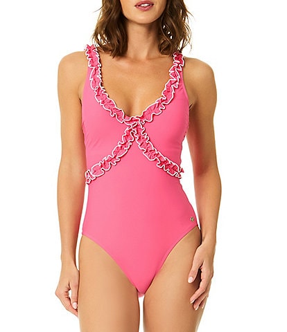 CeCe Solid Contrast Ruffle V-Neck One Piece Swimsuit