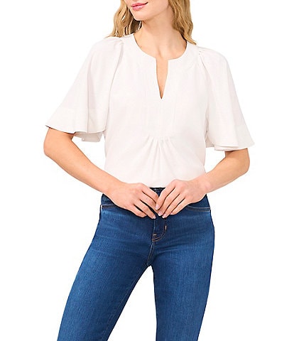 CeCe Split Round Neck Flutter Sleeve Blouse