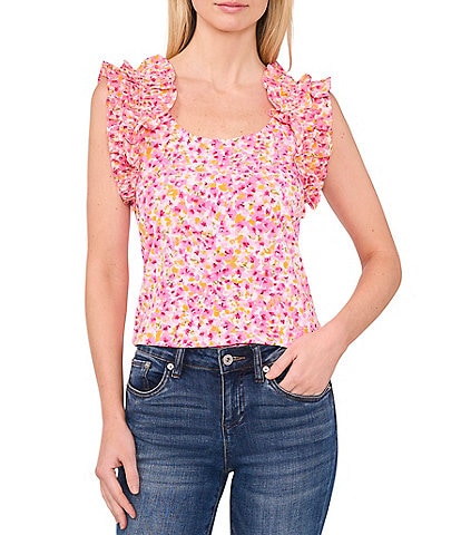 CeCe Square Neck Ruffle Sleeveless Ribbed Floral Blouse