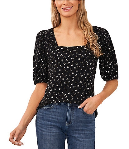 CeCe Square Neck Short Puffed Sleeve Polka Dot Blouse
