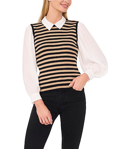 CeCe Stripe Vest With Long Sleeve Blouse