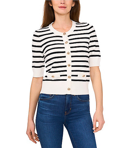 CeCe Striped Crew Neckline Short Sleeve Button Front Cardigan