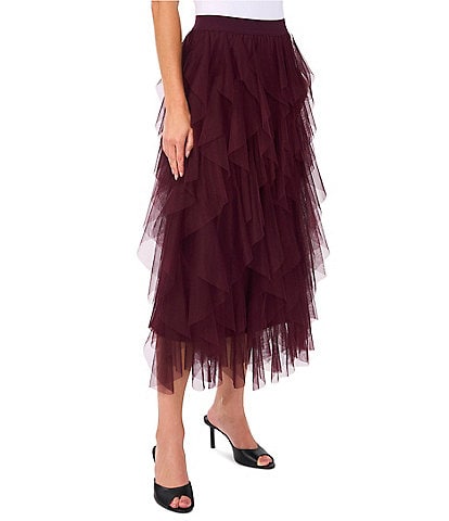 Cece Tulle High Waisted A-Line Tiered Ruffle Flounce Midi Skirt