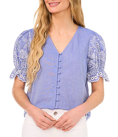 CeCe V-Neck Eyelet Embroidered Puff Ruffle Short Sleeve Button Front Blouse