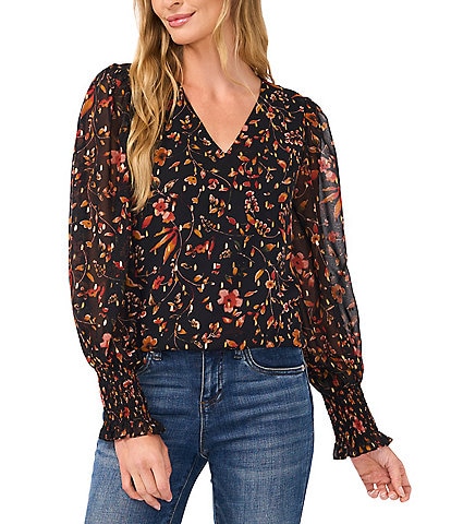 CeCe V Neck Long Cuffed Sleeve Floral Blouse