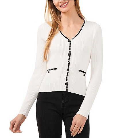 CeCe V-Neck Long Sleeve Contrasting Trim Rhinestone Button Front Ribbed Knit Cardigan