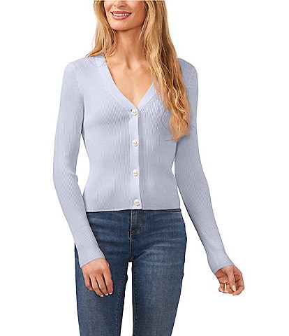 CeCe V-Neck Long Sleeve Pearl Button Front Ribbed Knit Cardigan