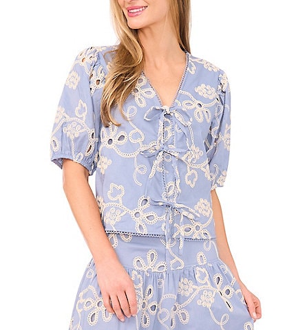 CeCe V-Neck Short Puff Sleeve Embroidered Tie Front Top