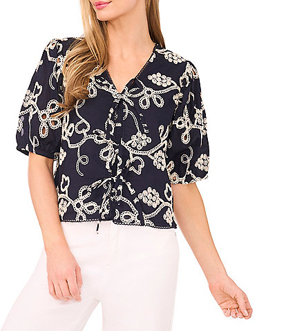 CeCe V-Neck Short Puff Sleeve Embroidered Tie Front Top