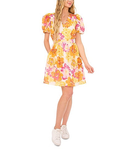 CeCe V-Neck Short Puffed Sleeve Floral A-Line Dress