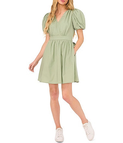 CeCe V-Neck Short Puffed Sleeve Mini Dress