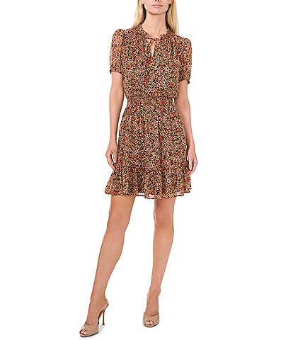 CeCe V-Neck Short Sleeve Floral Print Tie Front A-Line Dress