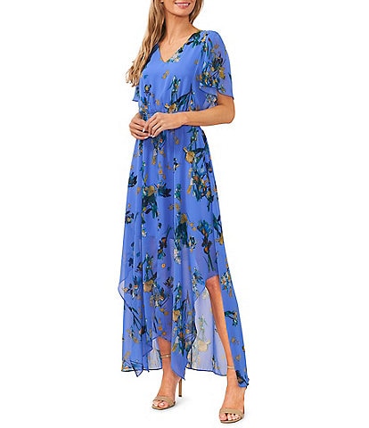 Cece V-Neck Short Sleeve Midi Floral Dress