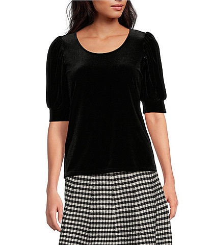 CeCe Velvet Crew Neck Short Sleeve Blouse