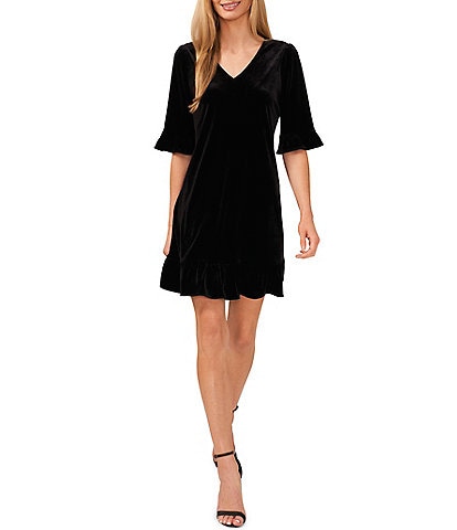 CeCe Velvet V-Neck Short Ruffle Sleeve A-Line Dress