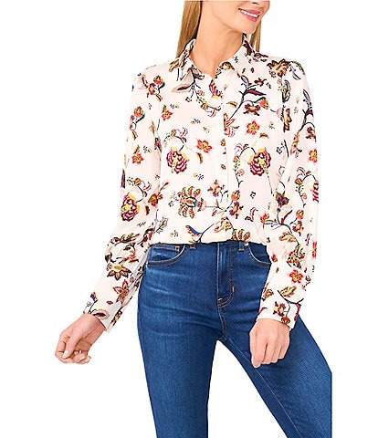 CeCe Woven Collared Floral Print Long Sleeve Button Front Blouse