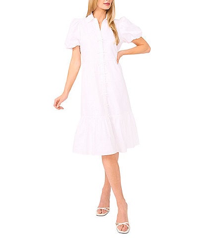 CeCe Woven Collared Neckline Short Bubble Sleeve Bow Tiered Midi Dress