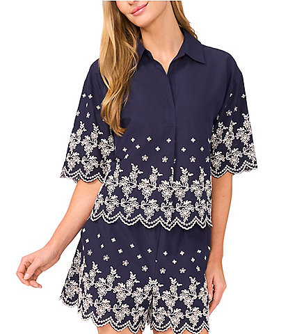 CeCe Woven Collared V-Neck Short Sleeve Floral Embroidered Button Down Shirt