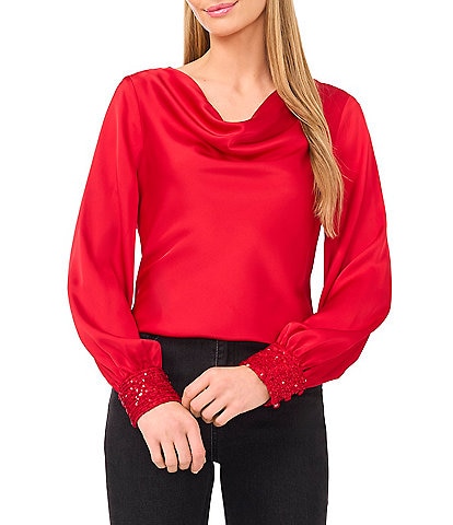 CeCe Woven Cowl Neck Long Sleeve Blouse