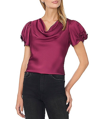 Cece Woven Cowl Neck Short Bubble Sleeve Top